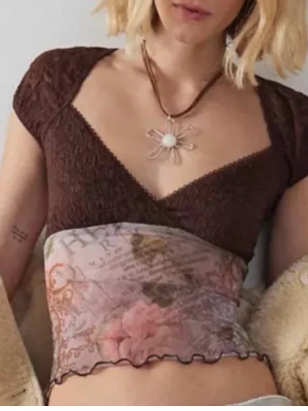 2 for $30 sale: Kimchi blue pink brown floral sheer mesh lace top - S